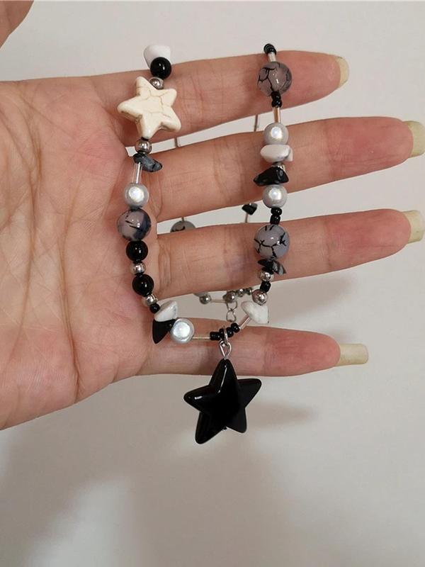 Vintage Star Design Pendant Necklace, Punk Style Beaded Necklace for Party, Daily Decor, Trendy All-match & Exquisite Jewelry for Birthday Gift