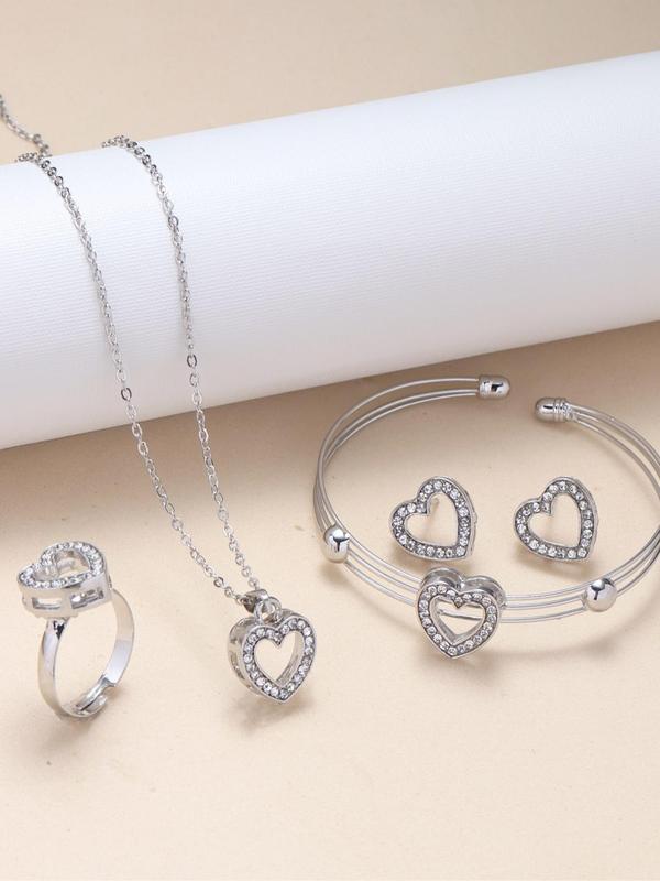 Women's Rhinestones Hollow Heart Decor Jewelry Set Including Pendant Necklace, Stud Earrings, Cuff Bangle & Ring, Modern Trendy Jewelry Set for Party, Ladies Anniversary Birthday Jewelry Gift for I Love My Girlfriend