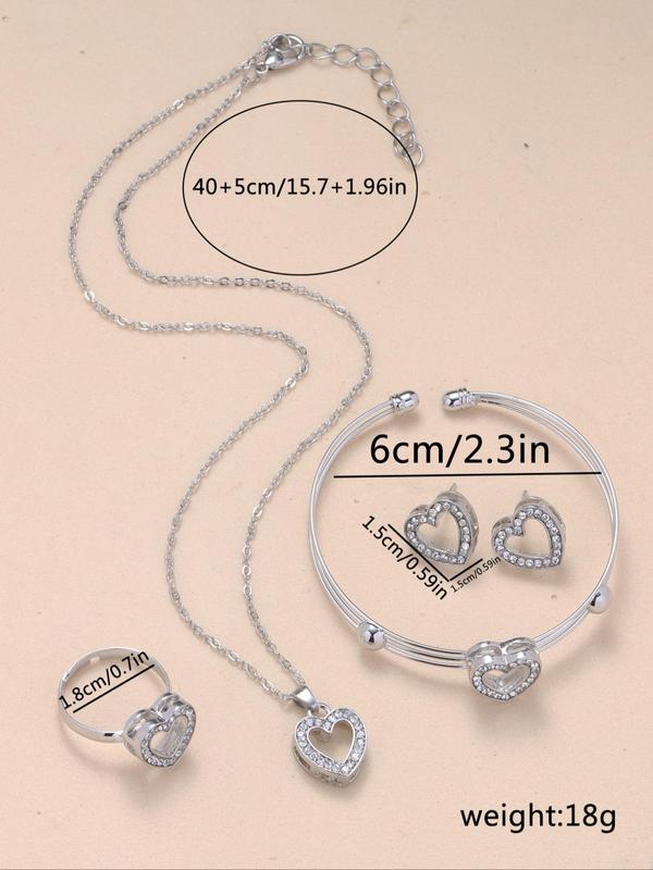 Women's Rhinestones Hollow Heart Decor Jewelry Set Including Pendant Necklace, Stud Earrings, Cuff Bangle & Ring, Modern Trendy Jewelry Set for Party, Ladies Anniversary Birthday Jewelry Gift for I Love My Girlfriend