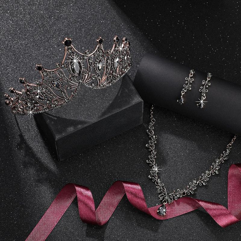 3 Pieces Baroque Queen Crown Set, Tiara Earrings Necklace Crystal Headband Tiaras and Crowns for Women Bridal Wedding Jewelry Halloween Prom Birthday Party Hair Costume Accessories