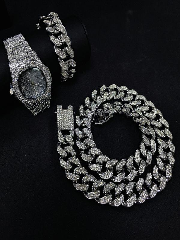 Men's Hip Hop Watch & Jewelry Set, Including Oval Dial Analog Quartz Watch & Rhinestone Decorated Bracelet & Necklace, Fashion Watch Set for Party, Daily Decor, Exquisite Watch Set with Box