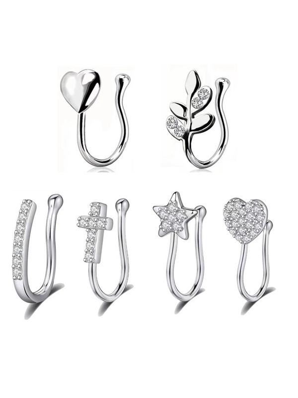 Rhinestone Decor Fake Nose Ring, 6 Counts Punk Leaf & Heart & Star & Cross Design Nose Ring for Party & Daily Decor, Trendy  Exquisite Jewelry for Gift