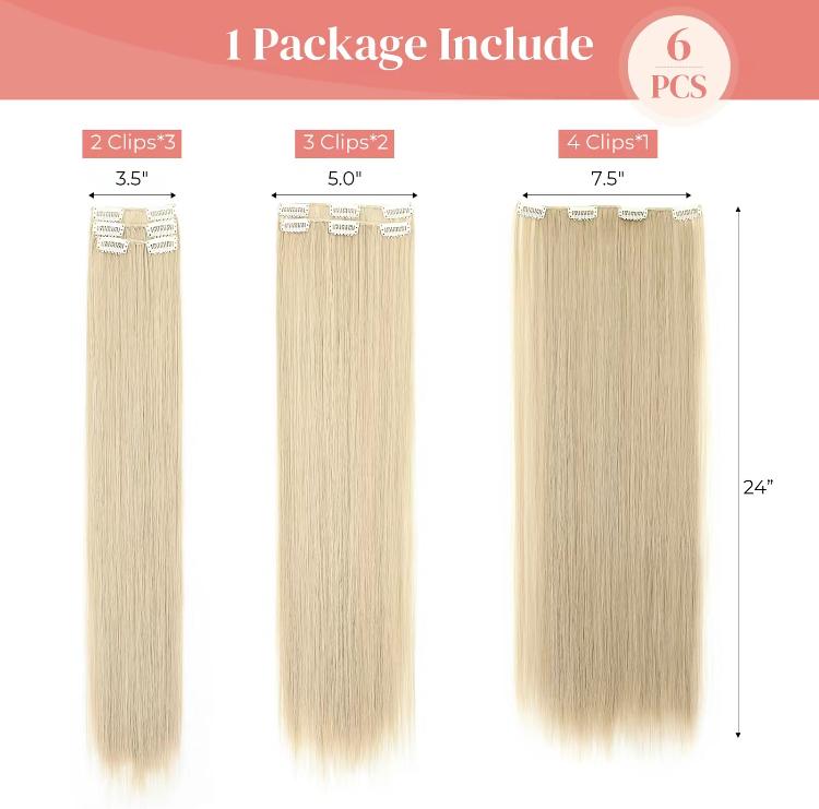 24 Inch Long Straight Synthetic Hair Extensions, 6 pcs Clip in Wigs for Women’s Daily Use, Gorgeous Natural Fluffy Hairpieces with Great Quality, 2025 Trendy Female Matching Wigs for all Occasions