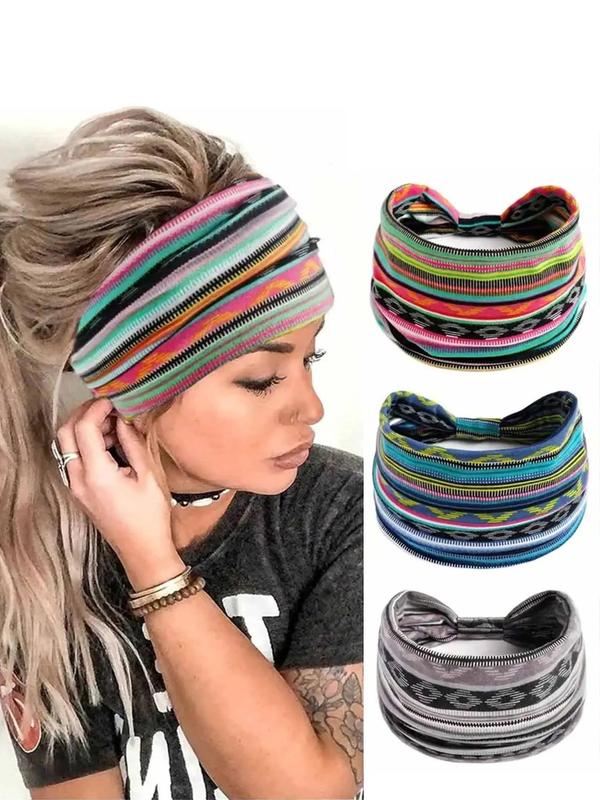 Women's Geometric & Striped Print Hair Band, Fashion Boho Hair Band, Summer Sporty Hair Band for Gym Workout Yoga, Summer Accessories