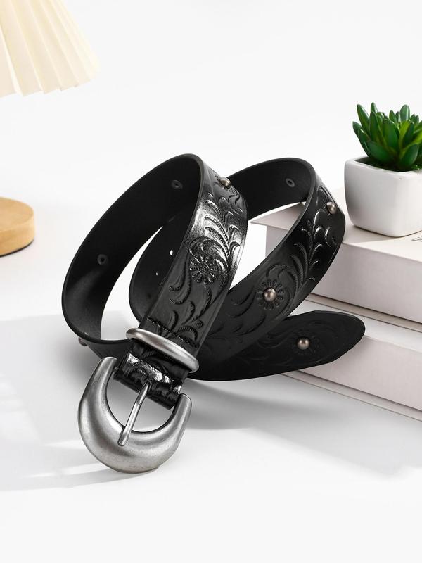 Fashion Floral Embossed PU Buckle Belt, Casual Waistband for Jeans Trousers, Fashion Belt for Party, Daily Clothing Decor, Trendy All-match & Exquisite Belt for Gift