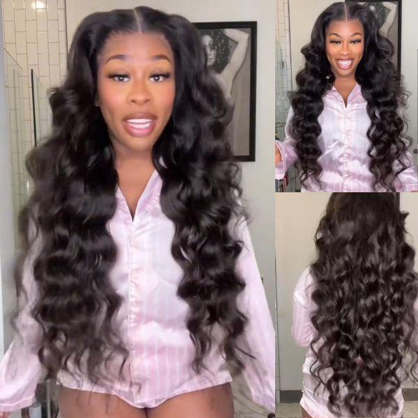 Amanda Hair Glueless Pre bleached 13x4 Lace Frontal 6x4 Pre-cut Lace Closure Loose Wave Wigs with Curtain Bangs Body Wave Clear Transparent Lace Nature Wave Wig For Women