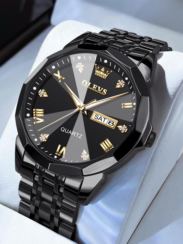 Men's Fashion Elegant Formal Analog & Digital Quartz Watch, Rhinestones Decor Wristwatch with Date & Week Display, Business Watch for Work As Gift