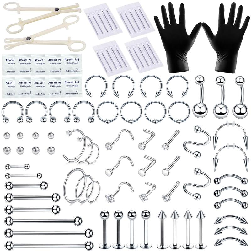 94PCS Mixed-pack Piercing Kits for All Body Piercings Stainless Steel 14G 16G 20G Jewelry and Needle with Tools 10Pcs Alcohol Pad Nose Septum Lip Ear Belly Button Cartilage Tragus