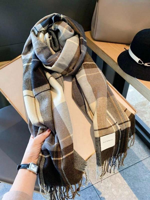 Plaid Pattern Tassel Decor Scarf, 2024 New Style Casual Soft Warm Shawl for Fall & Winter, Fashion Accessories for Women & Men Dainty Gift for Your Love