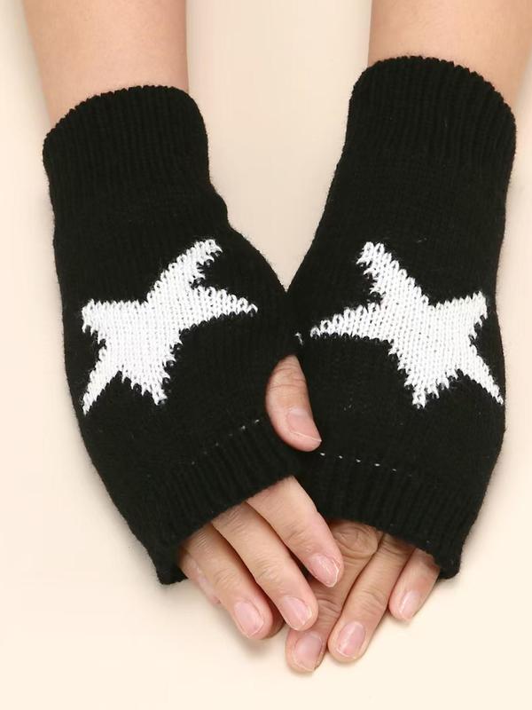 Star Print Design Half Finger Gloves, Casual Soft Comfort Outdoor Sports Gloves, Knitted Pentagram Pattern Kawaii Accessories for Fall & Winter