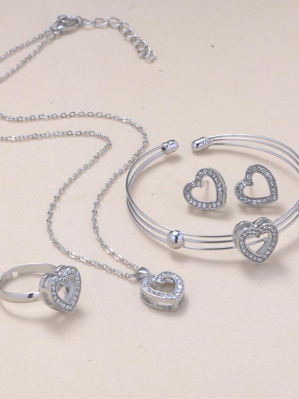 Women's Rhinestones Hollow Heart Decor Jewelry Set Including Pendant Necklace, Stud Earrings, Cuff Bangle & Ring, Modern Trendy Jewelry Set for Party, Ladies Anniversary Birthday Jewelry Gift for I Love My Girlfriend