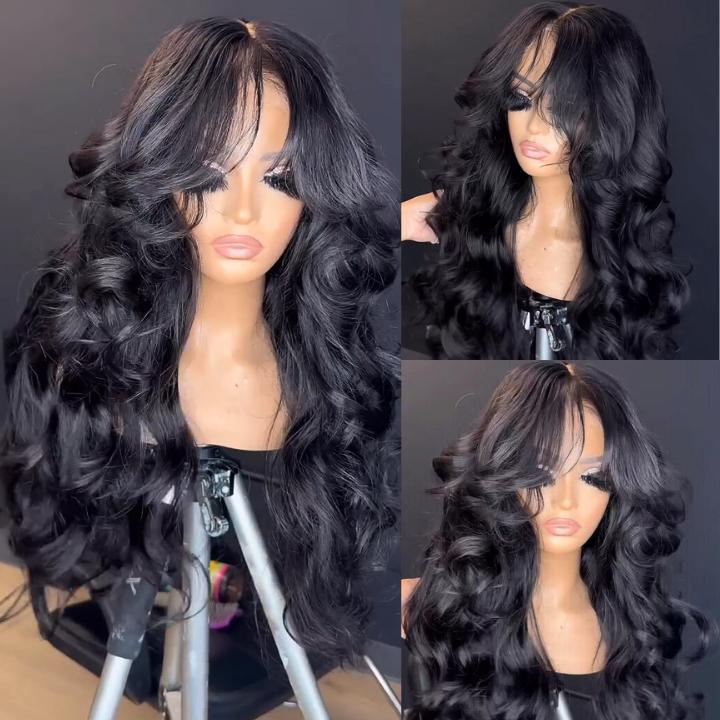 Amanda Hair Glueless Pre bleached 13x4 Lace Frontal 6x4 Pre-cut Lace Closure Loose Wave Wigs with Curtain Bangs Body Wave Clear Transparent Lace Nature Wave Wig For Women