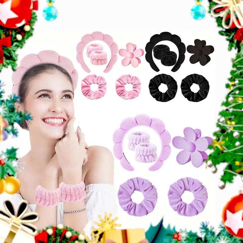 Makeup Removal Face Washing Hair Accessories Set, 6 Counts set Headband & Wristbands & Scrunchies & Flower Shaped Hair Clip, Facial Skincare Tool, Christmas Gift