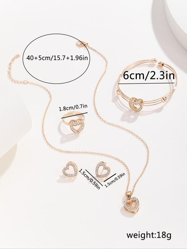 Women's Rhinestones Hollow Heart Decor Jewelry Set Including Pendant Necklace, Stud Earrings, Cuff Bangle & Ring, Modern Trendy Jewelry Set for Party, Ladies Anniversary Birthday Jewelry Gift for I Love My Girlfriend