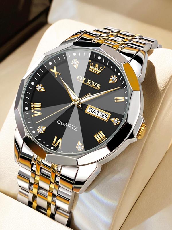 Men's Fashion Elegant Formal Analog & Digital Quartz Watch, Rhinestones Decor Wristwatch with Date & Week Display, Business Watch for Work As Gift