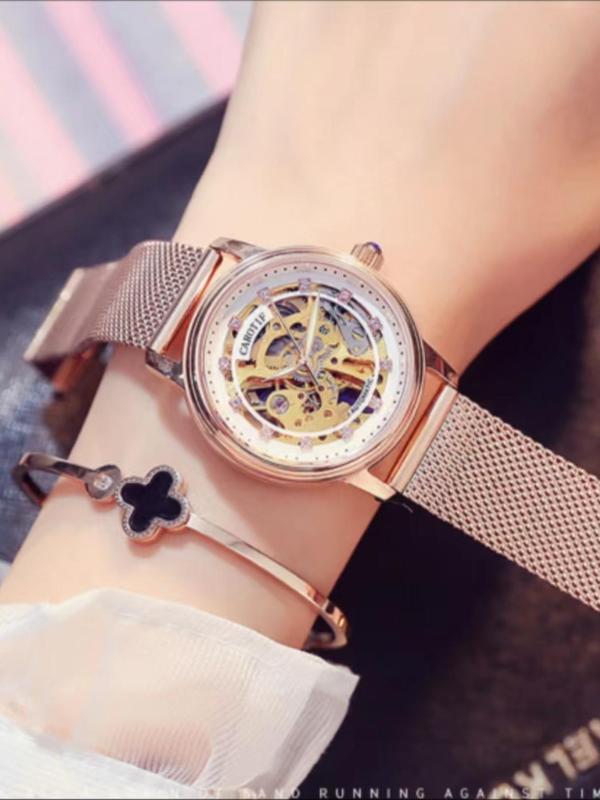 Women's Elegant Minimalist Mechanical Watch, Exquisite Trendy Wristwatch, Fashionable Watch for Women As Gift with Box