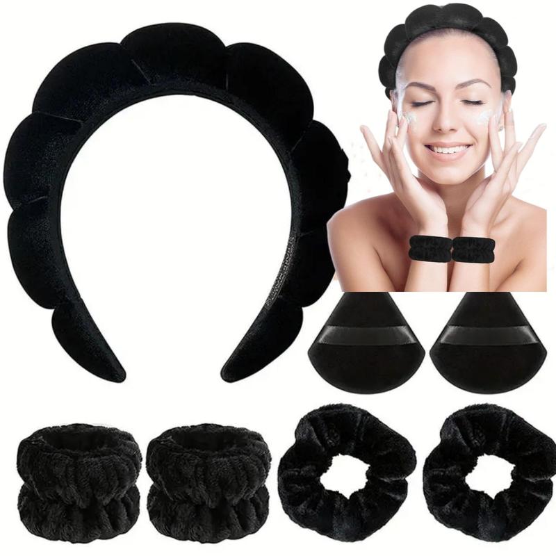 Soft Face Washing Headband & Makeup Tool Set, 7 Counts set Face Washing Headband & Hair Tie & Wristband & Powder Puff, Skincare Tools for Women