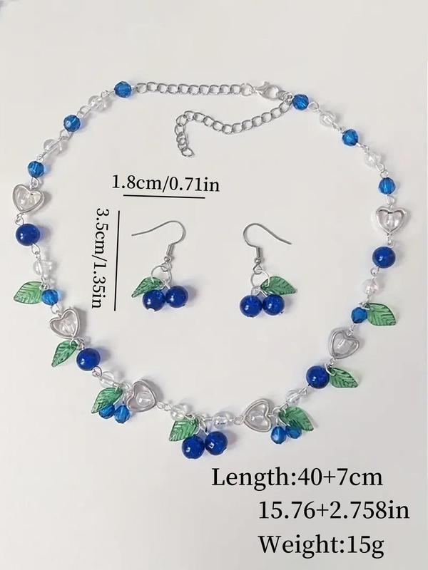 Fashion Blueberry Themed Jewelry Set, Boho Style Fruit & Leaf & Heart Design Necklace & Dangle Earrings, Fashion Accessories for Women & Girls, Exquisite Jewelry for Gift