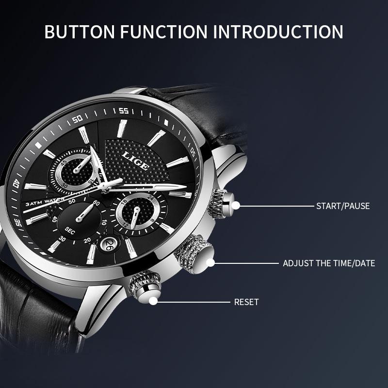 LIGE waterproof luminous multifunctional  quartz cool watch adult stainless steel  Retro   Round