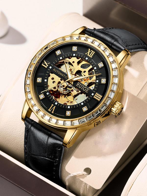 Men's Classic Skeleton Mechanical Watch, Fashion Round Dial Luminous Waterproof Watch for Party, Daily Decor, Trendy All-match & Exquisite Watch for Birthday Gift with Box