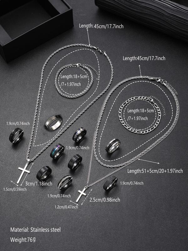 Men's Fashion Jewelry Set, Casual Trendy Cross Pendant Necklace & Braided Bracelet & Earrings & Rings & Chain Bracelet, Hip Hop Fashion Jewelry Set for Party & Daily Decor