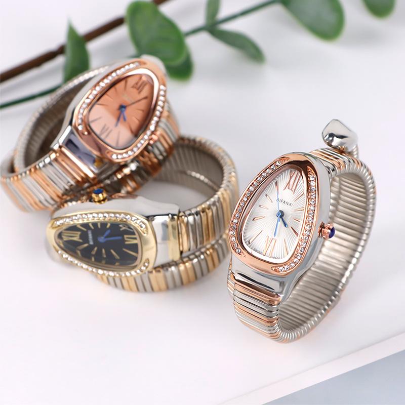 Serpentine Quartz Watch with Two-Tone Fashionable Diamond-Studded Bracelet, Open Cuff Ladies' Watch Snake shaped watch tiny watch