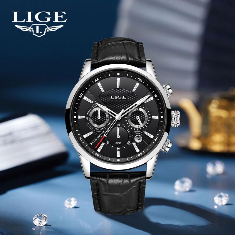 LIGE waterproof luminous multifunctional  quartz cool watch adult stainless steel  Retro   Round