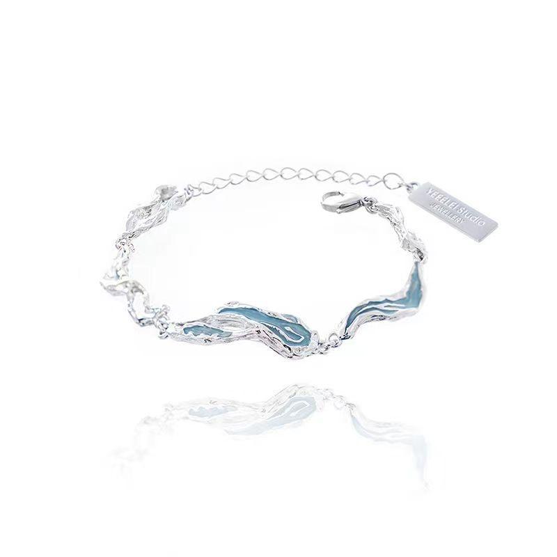 [Limited time offer] Design sense of light blue bracelet ring set men and women irregular dripping texture niche high-end accessories hand jewelry