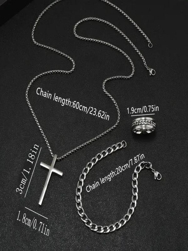 Men's Watch & Jewelry Set, Fashion Round Dial Analog Quartz Watch & Chain Bracelet & Cross Pendant Necklace & Ring, Trendy Watch Set for Men As Gift, without Box