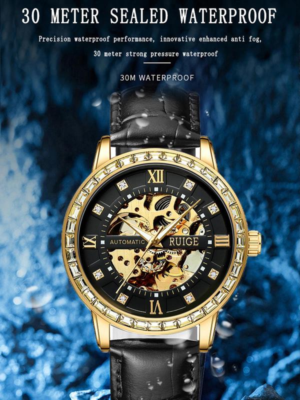 Men's Classic Skeleton Mechanical Watch, Fashion Round Dial Luminous Waterproof Watch for Party, Daily Decor, Trendy All-match & Exquisite Watch for Birthday Gift with Box