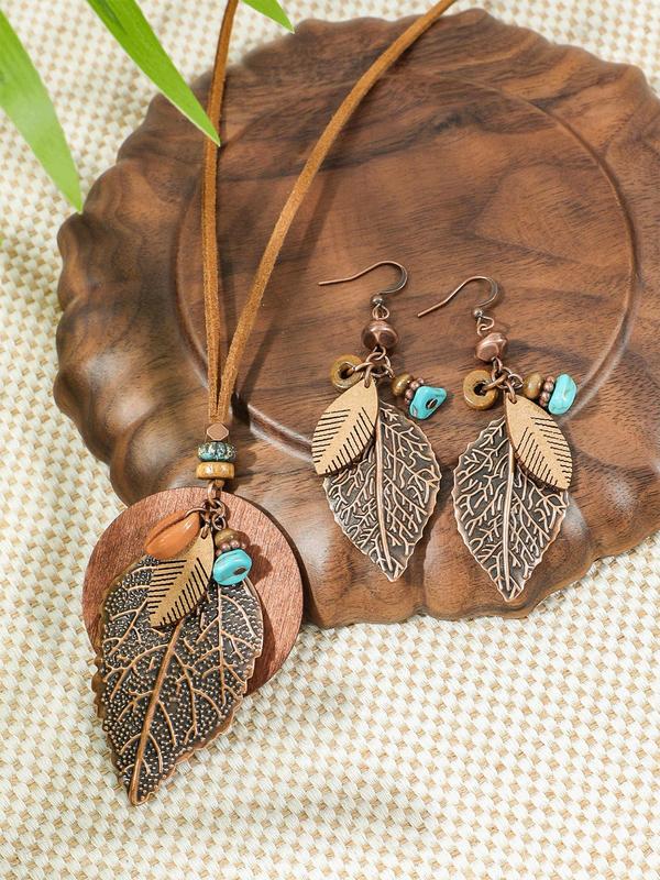 Women's Boho Style Leaf Design Jewelry Set, Vintage Pendant Necklace & Dangle Earrings, Elegant Jewelry Set for Women & Girls