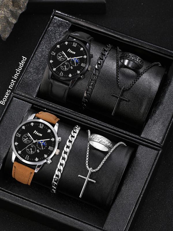 Men's Watch & Jewelry Set, Fashion Round Dial Analog Quartz Watch & Chain Bracelet & Cross Pendant Necklace & Ring, Trendy Watch Set for Men As Gift, without Box