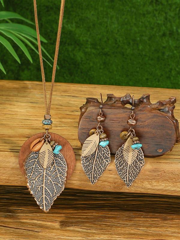 Women's Boho Style Leaf Design Jewelry Set, Vintage Pendant Necklace & Dangle Earrings, Elegant Jewelry Set for Women & Girls