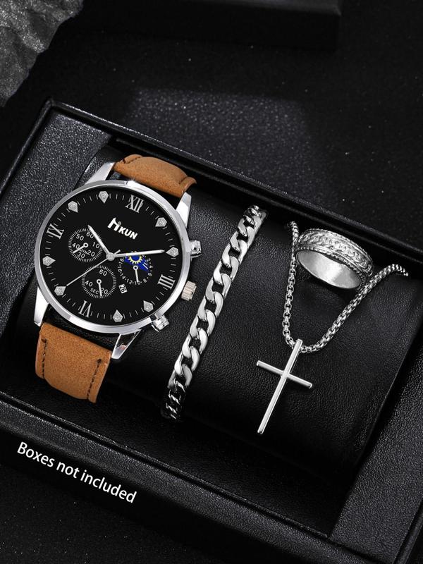 Men's Watch & Jewelry Set, Fashion Round Dial Analog Quartz Watch & Chain Bracelet & Cross Pendant Necklace & Ring, Trendy Watch Set for Men As Gift, without Box