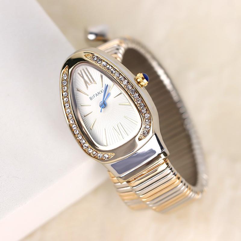 Serpentine Quartz Watch with Two-Tone Fashionable Diamond-Studded Bracelet, Open Cuff Ladies' Watch Snake shaped watch tiny watch