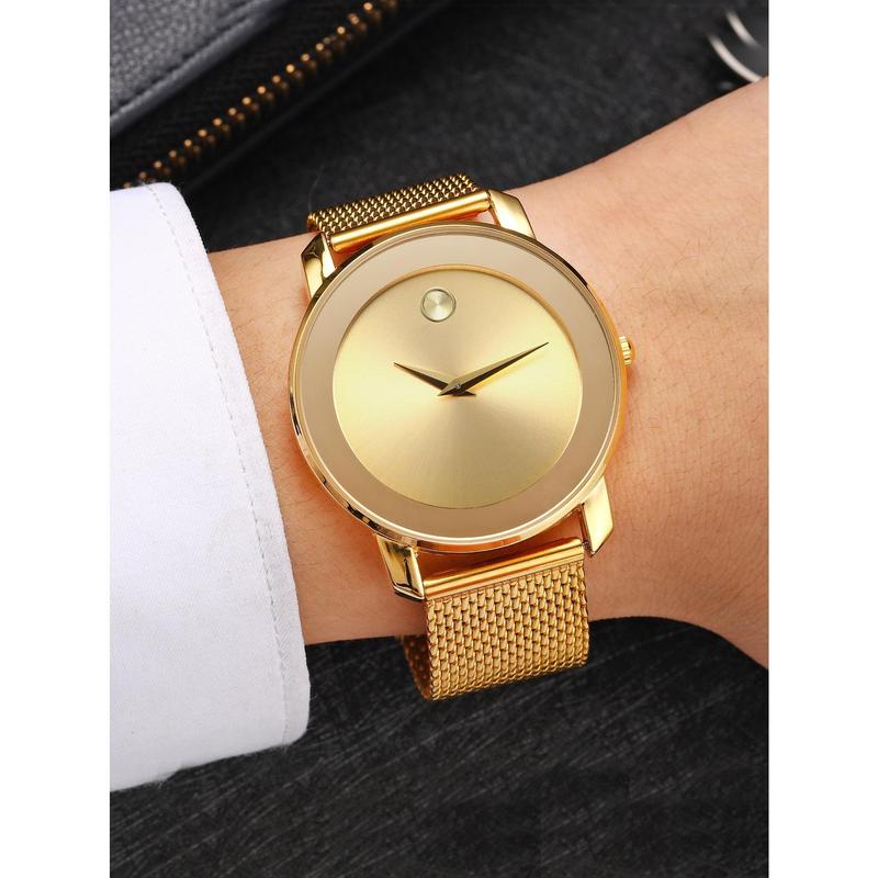 Fashionable Quartz Watch For Men With Gold Mesh Band