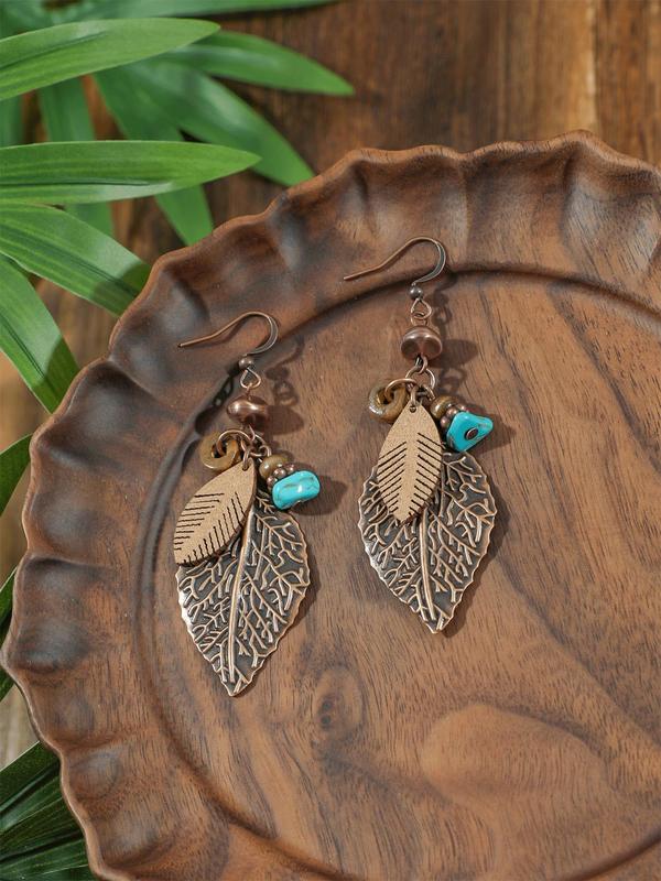 Women's Boho Style Leaf Design Jewelry Set, Vintage Pendant Necklace & Dangle Earrings, Elegant Jewelry Set for Women & Girls