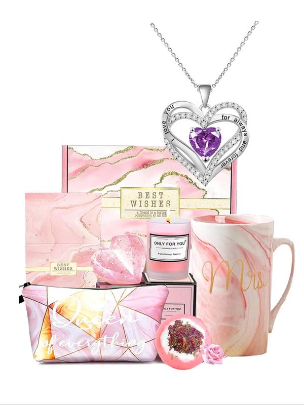 Heart Shaped Pendant Necklace with Cup & Makeup Bag & Aromatherapy Set, Rhinestone Decor Necklace Set, Trendy All-match Jewelry Set for Women