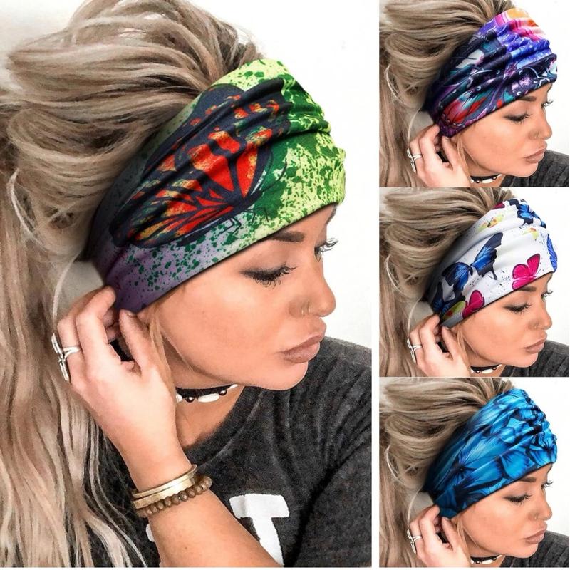 Butterfly Boho Headbands for Women Wide Headband Printed Head Wraps Thick Hairbands Large African Sport Yoga Turban Hair Bands Accessories (Pack of 4)