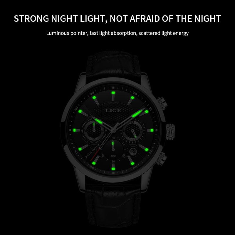 LIGE waterproof luminous multifunctional  quartz cool watch adult stainless steel  Retro   Round