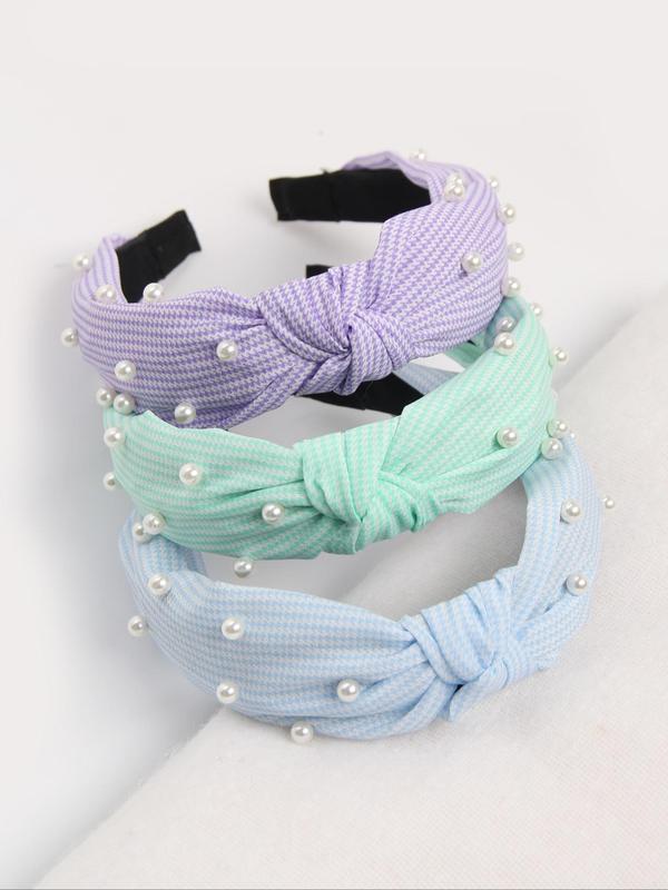 3pcs set Women's Elegant Faux Pearl Decorated Houndstooth Pattern Hair Hoop, Exquisite Gorgeous Hair Hoop, Fashionable Hair Accessories for Women & Girls