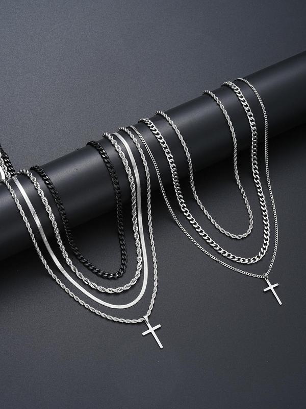 Men's Fashion Jewelry Set, Casual Trendy Cross Pendant Necklace & Braided Bracelet & Earrings & Rings & Chain Bracelet, Hip Hop Fashion Jewelry Set for Party & Daily Decor