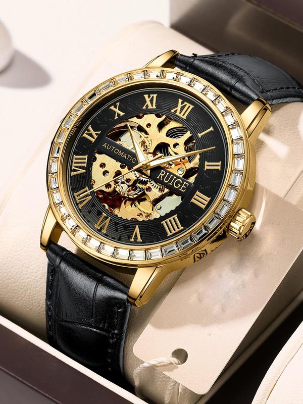 Men's Classic Skeleton Mechanical Watch, Fashion Round Dial Luminous Waterproof Watch for Party, Daily Decor, Trendy All-match & Exquisite Watch for Birthday Gift with Box