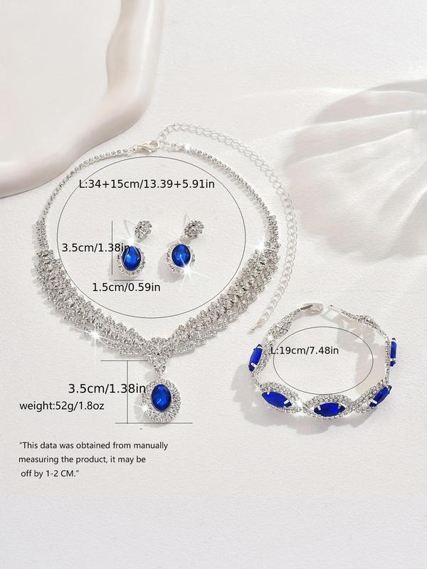 Women's Elegant Rhinestone Decorated Jewelry Set, Exquisite Trendy Necklace & Dangle Earrings & Bracelet, Chic Jewelry Set for Party Decoration