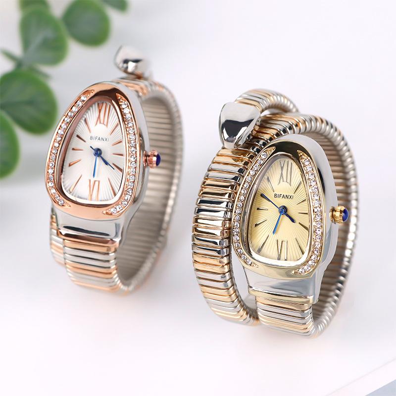 Serpentine Quartz Watch with Two-Tone Fashionable Diamond-Studded Bracelet, Open Cuff Ladies' Watch Snake shaped watch tiny watch