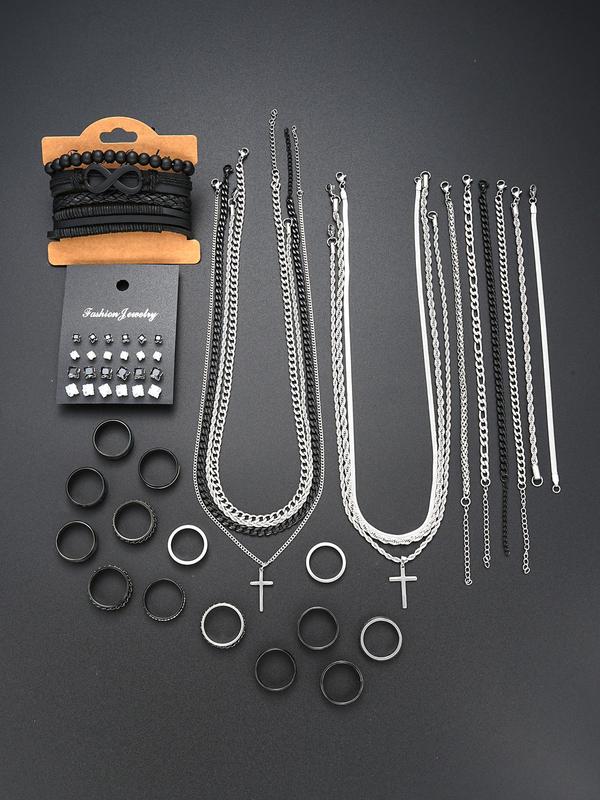 Men's Fashion Jewelry Set, Casual Trendy Cross Pendant Necklace & Braided Bracelet & Earrings & Rings & Chain Bracelet, Hip Hop Fashion Jewelry Set for Party & Daily Decor