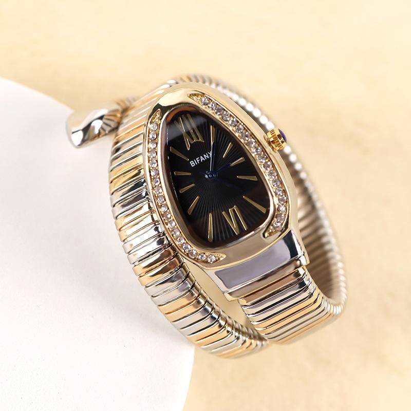 Serpentine Quartz Watch with Two-Tone Fashionable Diamond-Studded Bracelet, Open Cuff Ladies' Watch Snake shaped watch tiny watch