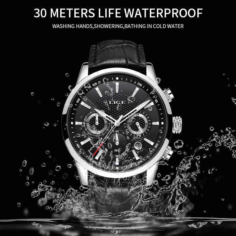 LIGE waterproof luminous multifunctional  quartz cool watch adult stainless steel  Retro   Round