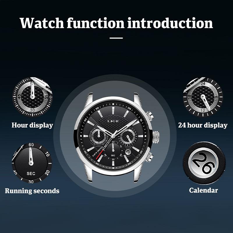 LIGE waterproof luminous multifunctional  quartz cool watch adult stainless steel  Retro   Round