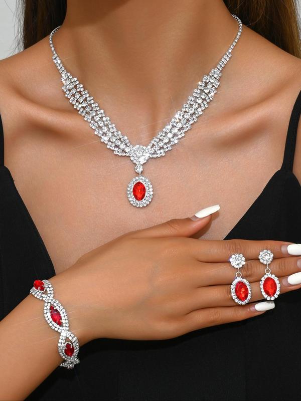 Women's Elegant Rhinestone Decorated Jewelry Set, Exquisite Trendy Necklace & Dangle Earrings & Bracelet, Chic Jewelry Set for Party Decoration